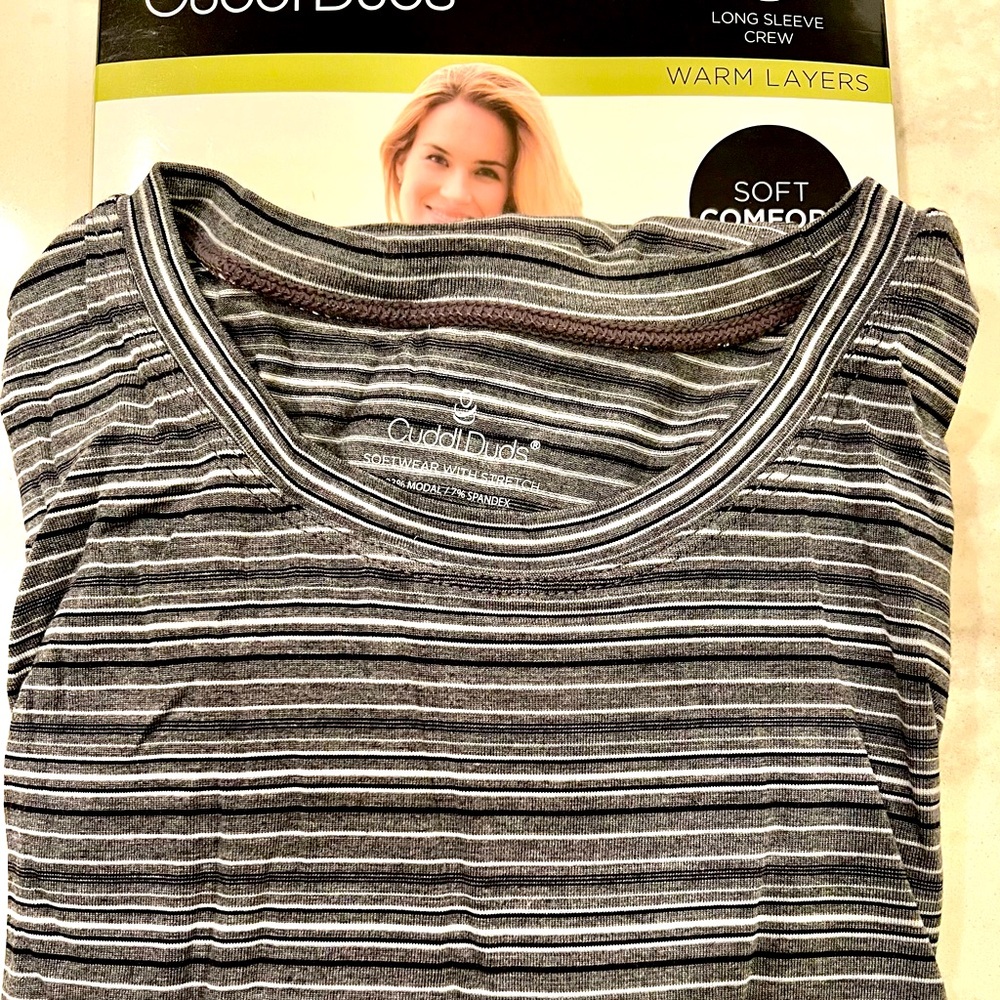 Cuddle Duds Long Sleeve Crew. New in package. Grey with black & white stripes.
